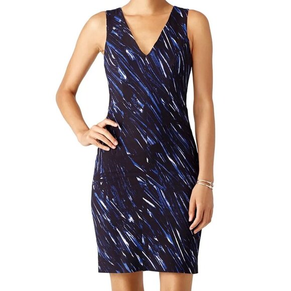 Milly Black Navy Brushstroke V Sheath Cocktail Business Formal Dress Size 4 - Picture 1 of 9